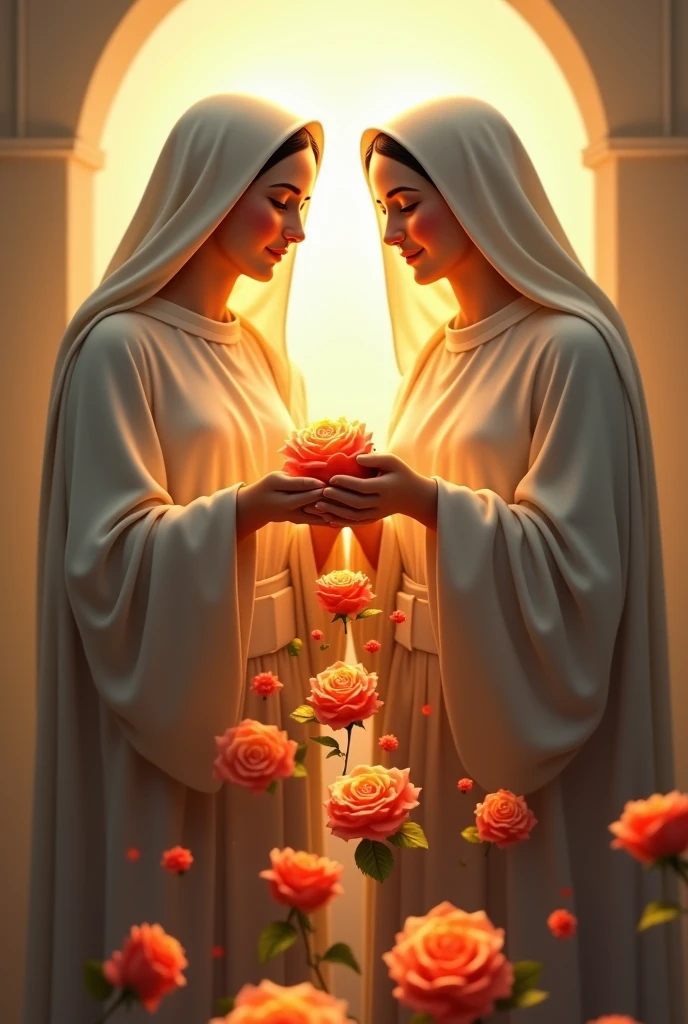 Write 5 detailed prompts (no more than 50 words) composed according to the rules - describing any topic, subject, action. Neural network: Santa Terezinha do menino Jesus e Santa rosa de lima juntas, ambas muito belas e castas com seus hábitos e sorrindo, com as mãos abertas deixando cair muitas rosas. Query topic: Santa Terezinha do Jesus e Santa rosa de lima juntas, ambas muito belas e castas com seus hábitos e sorrindo, com as mãos abertas deixando cair muitas rosas.
Santa Terezinha and Santa Rosa: Illustrate Santa Terezinha do Menino Jesus and Santa Rosa de Lima, both radiant and pure in their traditional habits, smiling joyfully. Their hands are open, releasing a cascade of vibrant roses, symbolizing grace and devotion.
Divine Harmony: Depict Santa Terezinha and Santa Rosa standing side by side, adorned in their beautiful religious garments. They share a serene smile, and as they extend their hands, a shower of delicate roses falls around them, representing love and purity.
Celestial Connection: Create a scene showing Santa Terezinha and Santa Rosa, exuding beauty and chastity. Their warm smiles light up the surroundings as they let roses gently fall from their hands, conveying a message of hope and compassion.
Joyful Saints: Visualize Santa Terezinha do Jesus and Santa Rosa de Lima, both stunning in their habits. They are smiling brightly with hands raised, letting a multitude of roses descend, symbolizing their shared virtues and divine grace.
Roses of Faith: Illustrate the serene moment of Santa Terezinha and Santa Rosa, both ethereal and virtuous in their attire. Their joyful expressions are complemented by an enchanting shower of roses cascading from their open palms, embodying the essence of faith and love.