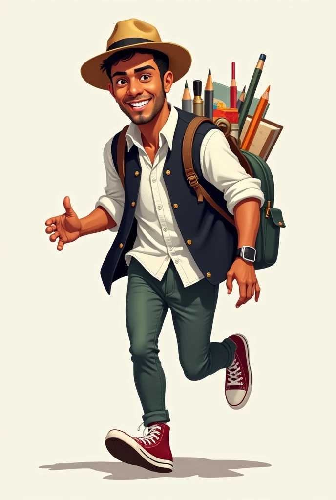 Create an image of a character that represents the institutional image of contemporary art types like legends, friendly, that contains an adult face, charismatic, his clothing has a white shirt, black wool vest, cloth pants, converse canvas, toquilla straw hat, Ecuadorian complexion, contemporary adult youth age, short ears, that he has a backpack with artist supplies, like colored pencils, cardboard, paintings, technological resources for arts; His face must have natural eyes, splattered nose, smiling mouth; the character must be in a dynamic pose in motion, in perspective that shows dynamism and movement in his body.