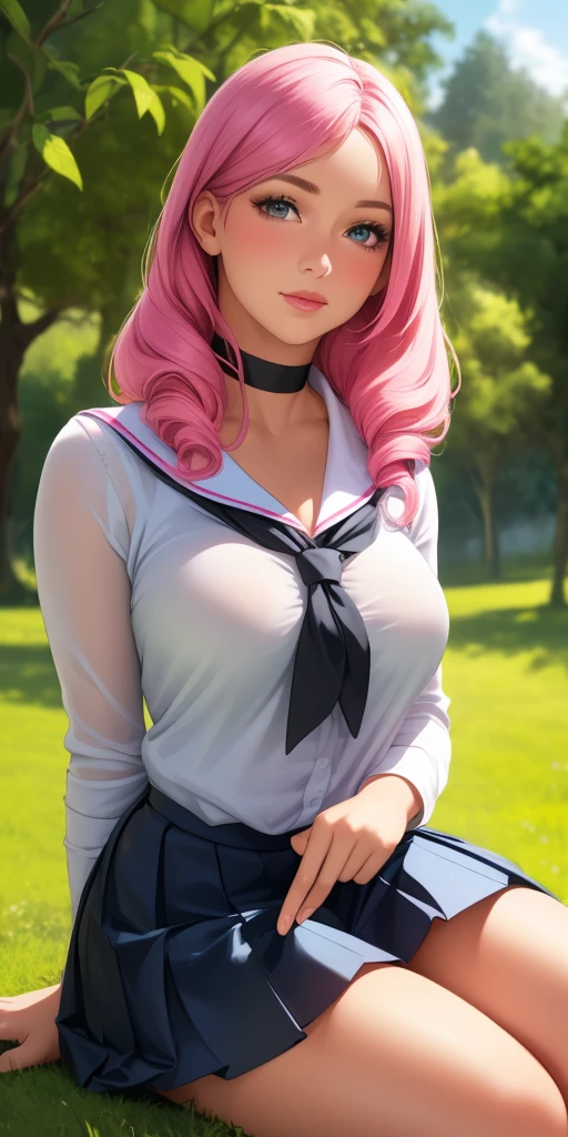(best quality, ultra-detailed, photorealistic: 1.39), bright and vibrant colors, studio lighting, romantic expression, An effeminate girl, with a delicate and beautiful face. has a thin body, but well designed, your skin is white and very pale. her hair is pink, likes to wear makeup, ((Wear a black choker)), outfit emocore, schoolgirl long sleeve blouse, schoolgirl pleated skirt, in the park, sitting on the lawn with flowers, coast on the cherry tree, beautiful cute gesture