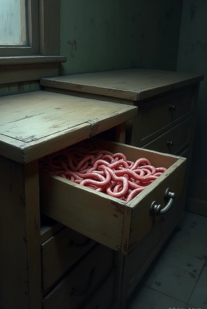 Sketch drawer with intestines in secon open drawer