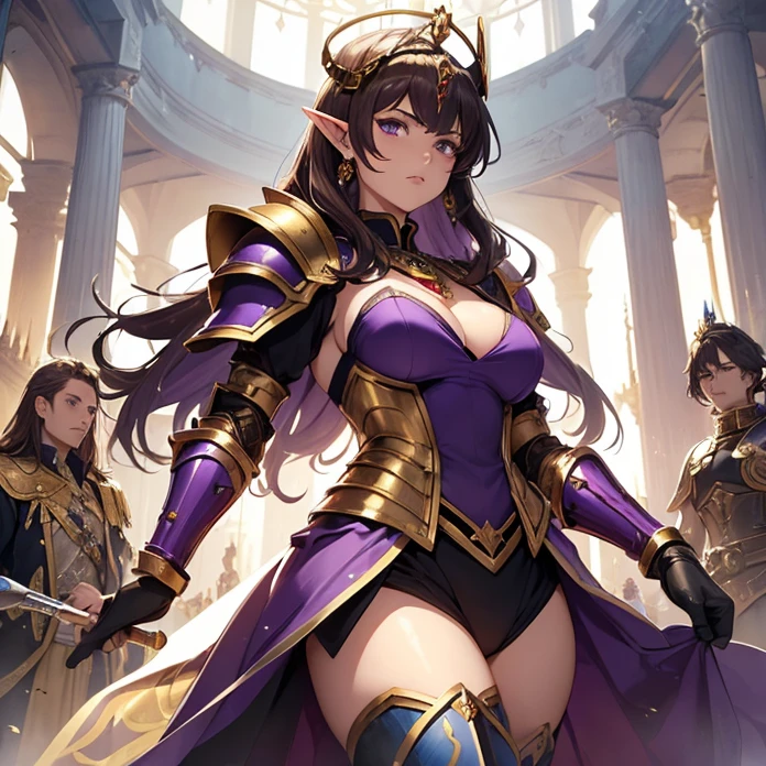 (absurdres, Masterpiece, best quality, no deformity, good anatomy, cowboy shot, front view, character alone, "Warhammer's aesthetic") {{1character:900 years old brown-haired elf noble mature beautiful milf princess:,(dark-brown short-messy-spiky-hair with ahoge, fair skin, purple eyes, brown eyebrows, absolute feminine elder beauty, bravery and leadership feminine),(she wears: purple power heavy armor, full heavy golden cuirass armor, full bulky big and sharped purple shoulder plates with gold trims, full armored arms and elbows in purple steel, full armored purple gauntlets, full armored steel gold hips, full armored purple legs, full steel gold longboots, steel purple helmet with gold tiara at the top, red-jeweled-gold-necklace(holding with left arm a golden blade sword)),(she is: marching at the tower, watching with courage and seriousness thevsituation),(castle's deffensive tower, radiant sun in the sky, midday light-blue sky, several golden cannons over the tower's platform)}}