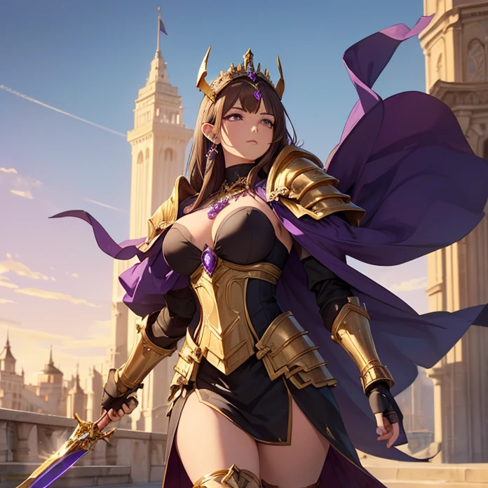 (absurdres, Masterpiece, best quality, no deformity, good anatomy, cowboy shot, front view, character alone, "Warhammer's aesthetic") {{1character:900 years old brown-haired elf noble mature beautiful milf princess:,(dark-brown short-messy-spiky-hair with ahoge, fair skin, purple eyes, brown eyebrows, absolute feminine elder beauty, bravery and leadership feminine),(she wears: purple power heavy armor, full heavy golden cuirass armor, full bulky big and sharped purple shoulder plates with gold trims, full armored arms and elbows in purple steel, full armored purple gauntlets, full armored steel gold hips, full armored purple legs, full steel gold longboots, steel purple helmet with gold tiara at the top, red-jeweled-gold-necklace(holding with left arm a golden blade sword)),(she is: marching at the tower, watching with courage and seriousness thevsituation),(castle's deffensive tower, radiant sun in the sky, midday light-blue sky, several golden cannons over the tower's platform)}}