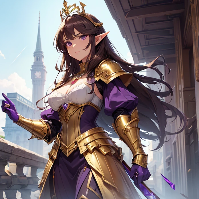 (absurdres, Masterpiece, best quality, no deformity, good anatomy, cowboy shot, front view, character alone, "Warhammer's aesthetic") {{1character:900 years old brown-haired elf noble mature beautiful milf princess:,(dark-brown short-messy-spiky-hair with ahoge, fair skin, purple eyes, brown eyebrows, absolute feminine elder beauty, bravery and leadership feminine),(she wears: purple power heavy armor, full heavy golden cuirass armor, full bulky big and sharped purple shoulder plates with gold trims, full armored arms and elbows in purple steel, full armored purple gauntlets, full armored steel gold hips, full armored purple legs, full steel gold longboots, steel purple helmet with gold tiara at the top, red-jeweled-gold-necklace(holding with left arm a golden blade sword)),(she is: marching at the tower, watching with courage and seriousness thevsituation),(castle's deffensive tower, radiant sun in the sky, midday light-blue sky, several golden cannons over the tower's platform)}}