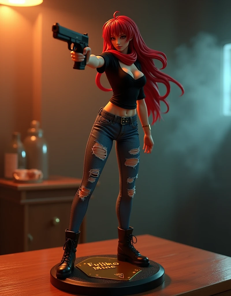(((masterpiece))), (((Highest quality))), ((Very detailed)), (photograph), (photo:1.2) of an action figure of famous redhead anime "Fujiko Mine". She's in a sexy, alluring and attractive pose. Standing with open legs. She holds a gun, wears a tight black shirt with cleavage and tight torn jeans, white sneakers. The girl has a red floulard around her neck. She's aiming to a target out of the frame. The action figure is resting on a black plastic pedestal on a wooden table. (On the pedestal there is the inscription: "Fujiko Mine" engraved on a gold plate). Cinematic lights. Masterpiece, best quality, 8K, photo realistic, wallpaper, wallpaper 8k, photographic contest winner, Hyperrealistic art cinematic film still photography in the style of detailed hyperrealism photoshoot. [Entire scene is surrounded by lights, evoking a magical and eerie atmosphere. The lighting is bright and atmospheric, with smoke adding a touch of sinister ambiance. Best quality image, HDR enhancement, showcasing the utmost level of detail and realism]. [8K, Best Quality, Ultra High Resolution, (highly detailed CG unity 8k wallpaper), (best photo), (best shadows), isometric 3D, octane rendering, ray tracing, highly detailed, (Best quality, 4K, 8k:1.2), absurdity, ultra detailed, (realistic, photorealistic, photorealistic:1.37), complex parts, HDR, (complex parts:1.12), (hyper detailed, hyper realistic, Soft lighting, spicy:1.2), (complex parts, Hyper detailed:1.15). Blurred foreground. (backlit), masterpiece, high quality, brightness, chromatic aberration, foggy smoke, shadows, contrast, clear sky, (warm hue, warm tone), high details, natural reflections].