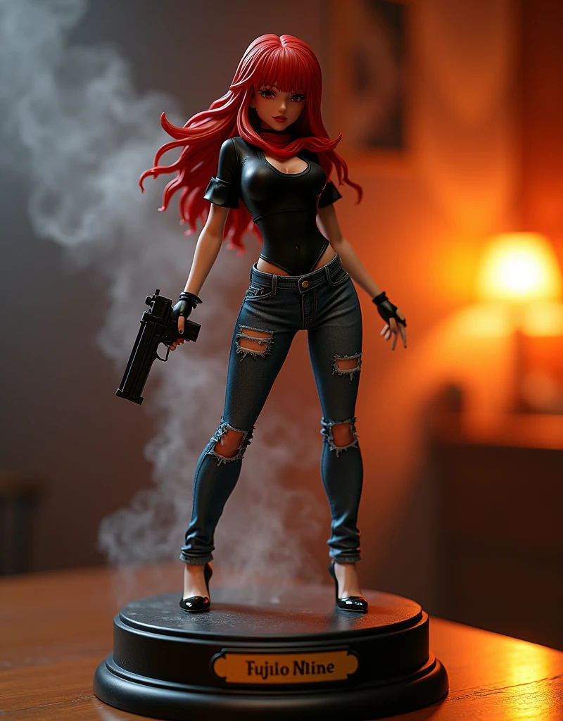 (((masterpiece))), (((Highest quality))), ((Very detailed)), (photograph), (photo:1.2) of an action figure of famous redhead anime "Fujiko Mine". She's in a sexy, alluring and attractive pose. Standing with open legs. She holds a gun, wears a tight black shirt with cleavage and tight torn jeans, white sneakers. The girl has a red floulard around her neck. She's aiming to a target out of the frame. The action figure is resting on a black plastic pedestal on a wooden table. (On the pedestal there is the inscription: "Fujiko Mine" engraved on a gold plate). Cinematic lights. Masterpiece, best quality, 8K, photo realistic, wallpaper, wallpaper 8k, photographic contest winner, Hyperrealistic art cinematic film still photography in the style of detailed hyperrealism photoshoot. [Entire scene is surrounded by lights, evoking a magical and eerie atmosphere. The lighting is bright and atmospheric, with smoke adding a touch of sinister ambiance. Best quality image, HDR enhancement, showcasing the utmost level of detail and realism]. [8K, Best Quality, Ultra High Resolution, (highly detailed CG unity 8k wallpaper), (best photo), (best shadows), isometric 3D, octane rendering, ray tracing, highly detailed, (Best quality, 4K, 8k:1.2), absurdity, ultra detailed, (realistic, photorealistic, photorealistic:1.37), complex parts, HDR, (complex parts:1.12), (hyper detailed, hyper realistic, Soft lighting, spicy:1.2), (complex parts, Hyper detailed:1.15). Blurred foreground. (backlit), masterpiece, high quality, brightness, chromatic aberration, foggy smoke, shadows, contrast, clear sky, (warm hue, warm tone), high details, natural reflections].