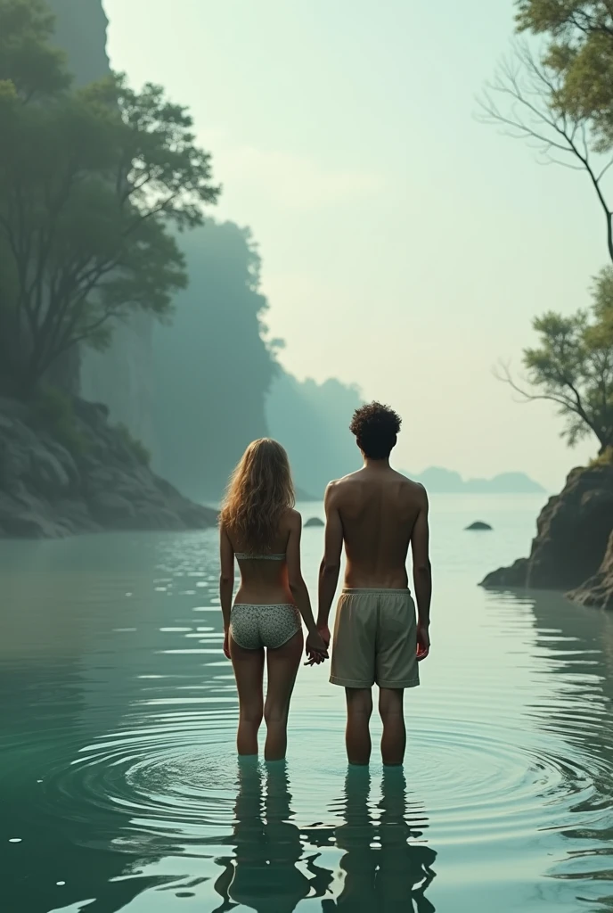 A 16-year-old girl, 1,70m tall dark blonde wavy hair thin and a tanned man with short hair 1,80m tall with his back to the camera wearing swimming trunks in the sea as it was in the Devonian period who are not a couple