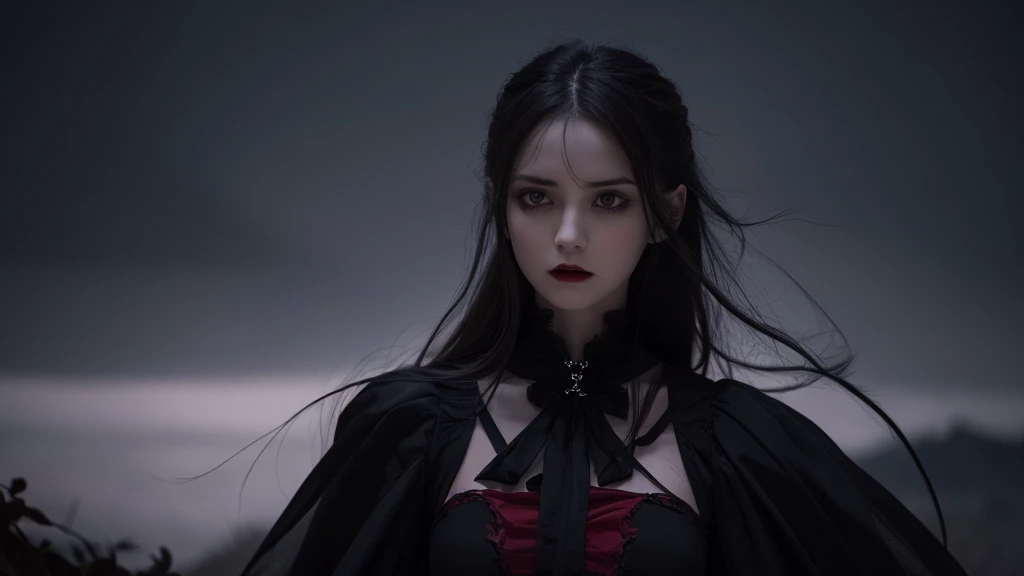 Delicate and dainty young Dracula woman . She is wearing bright black. The background is a fantastic and ethereal night sky that seems to be haunted by a specter. Her expression is stern and atmospheric. red eye, Fangs sticking out of her open mouth.
