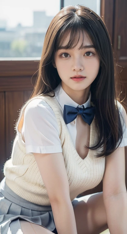 (masterpiece:1.2, highest quality), (realistic, photorealistic:1.4), beautiful illustrations, (natural side lighting, movie lighting), Depth of written boundary, looking at the viewer, Front view, 1 girl, Asian, 15 years old, ((bob hair)), perfect face, Cute symmetrical face, pale white skin, shiny skin, asymmetrical bangs, Big eyes, droopy eyes, long eyelashes, thin, beautiful hair, beautiful face, fine and beautiful eyes, beautiful clavicle, beautiful body, beautiful breasts, beautiful thighs, beautiful feet, beautiful fingers, ((fine fabric texture, Brown knitted vest, short sleeve white collar shirt, navy pleated skirt, Navy bow tie )), (vaginal sex:1.5), (beautiful scenery), evening, droopy eye, (cum in pussy:1.5), sex, erotic, cum in pussy, hetero, mole, mole under eye, (smile, Upper grade, open your mouth)