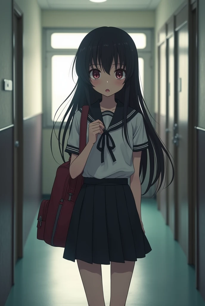 In school, a girl, front-facing, long black hair, black short skirt, duffel bag, Jumpy, abusive, super verbose, 4K , with penis in mouth