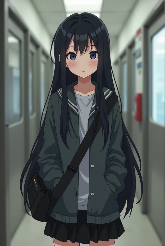 In school, a girl, front-facing, long black hair, black short skirt, duffel bag, Jumpy, abusive, super verbose, 4K , with penis in mouth