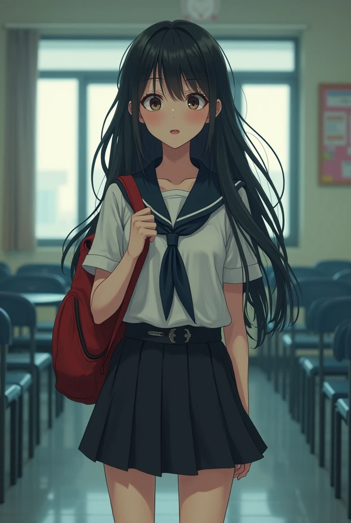 In school, a girl, front-facing, long black hair, black short skirt, duffel bag, Jumpy, abusive, super verbose, 4K , with penis in mouth