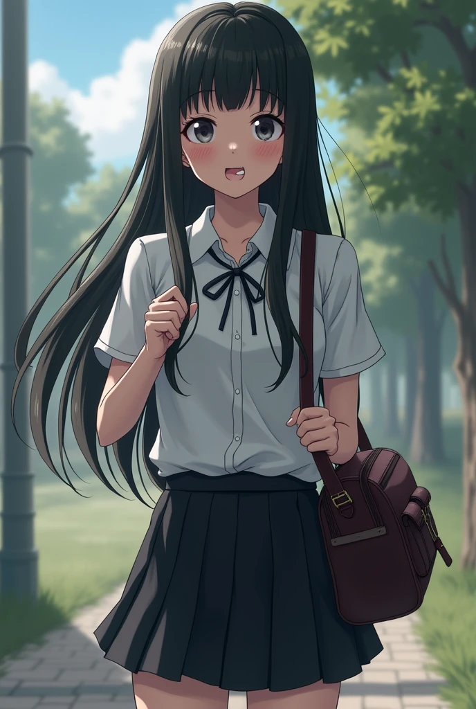 In school, a girl, front-facing, long black hair, black short skirt, duffel bag, Jumpy, abusive, super verbose, 4K , with penis in mouth