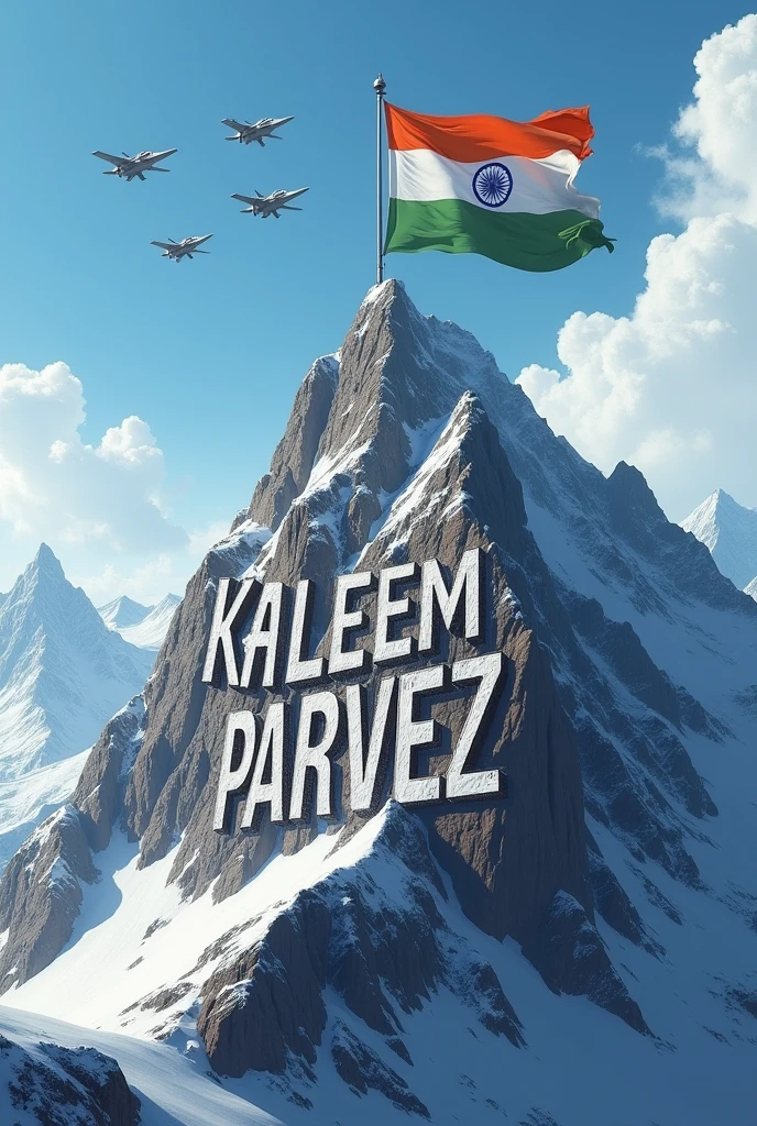 A name written as kaleem parvez on a mountain and large indian flag on top of it. And jet fighters moving in sky