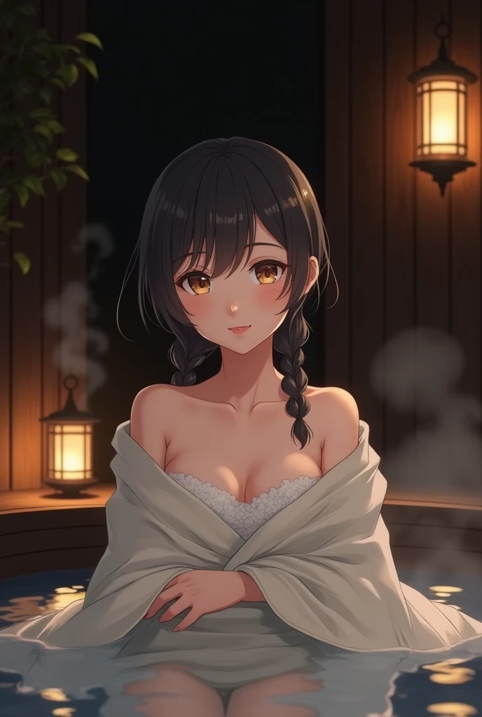 Anime girl naked bathing in towel front view and black views 