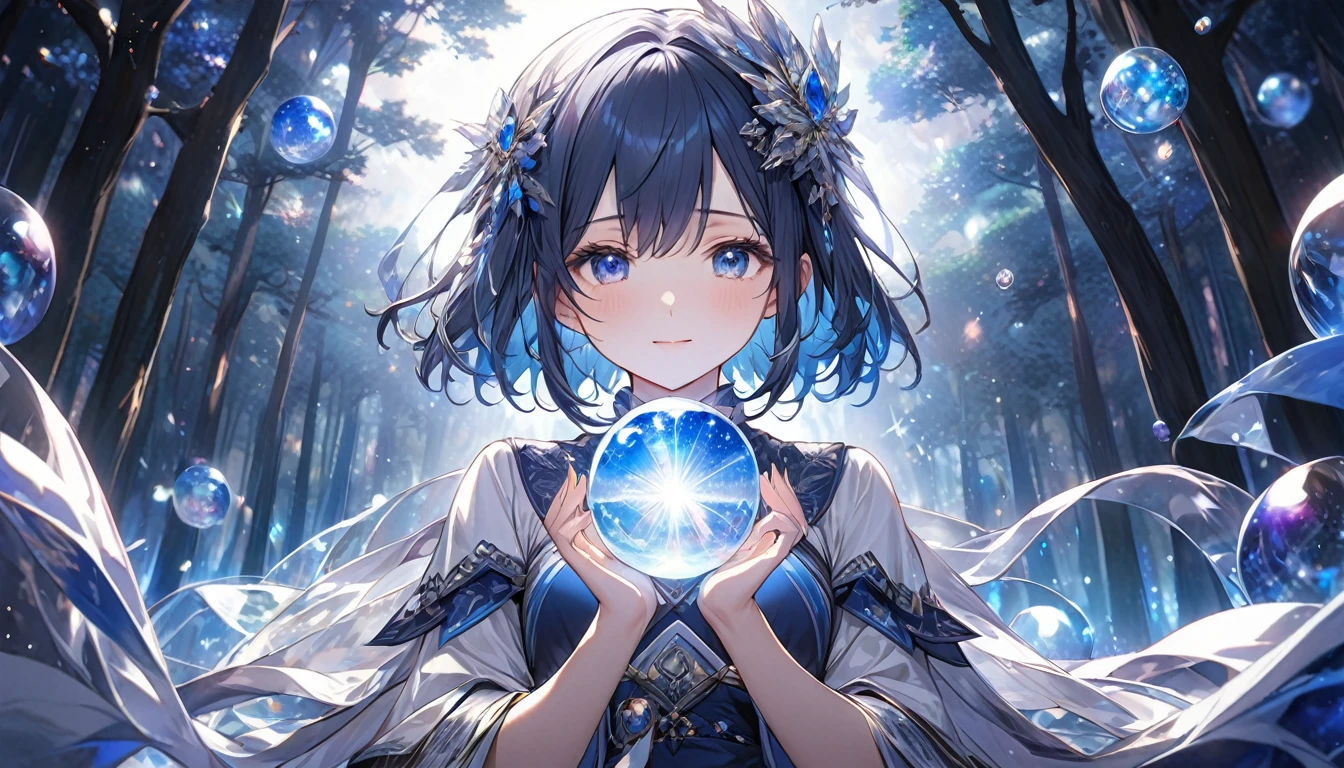 **260. One person。star空の占い師。The Magical Power to See the Future。Cowboy shot or close-up。  
masterpiece, best quality, ultra detailed (Detailed fingers), (Emotional), (Breathtakingly beautiful),  
(main part: 1.2 Whole body。), (Anime Style), (Very detailed), (star空の占い),  
(超High resolution, High resolution), (8k), (High resolution: 1.2), (Complex and beautiful: 1.2)**
- background: star空の下、The Forest at Night Where the Fortune Telling Table Spreads Out。
- Fortune Teller: Young woman, around 18 years old、star座が描かれたローブを纏い、A Shining Crystal Ball in Hand。
-pose: Holding One's Hand Over the Crystal Ball、The Moment of Seeing the Future。
-expression: Evoke a Sense of Deep Insight、calm and intelligent look。
- Effects: Crystal Ball Gleaming、star々Light Effects That Make It Seem As If It Can Be Seen in an Instant。
-color: Dark Blue and Silver、star空の冷たさと魔法の神秘を象徴するコントラスト。
