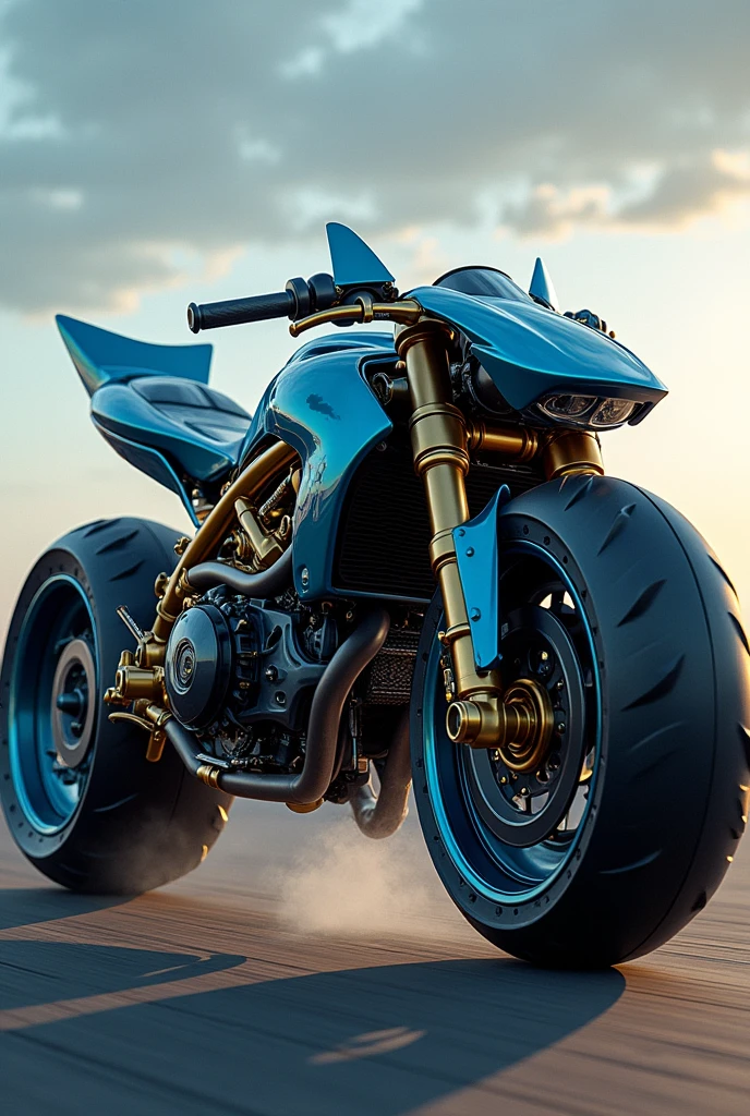 Big bike, shark theme, blue color, gold wheels, with shock absorbers on the side.