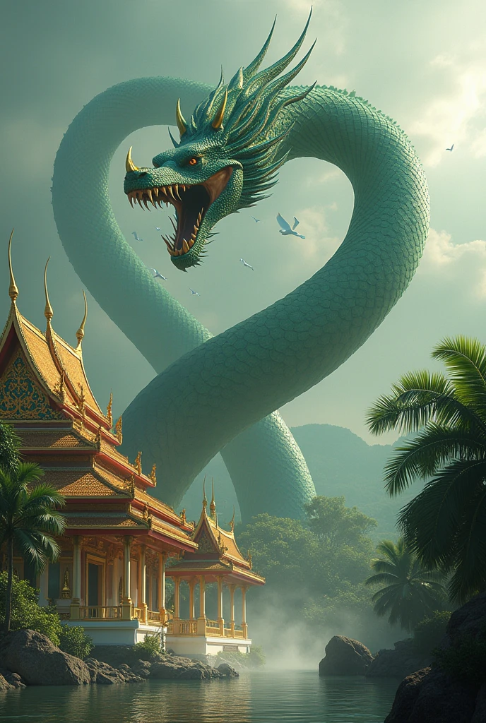 The green Naga King is attacking the Thai palace