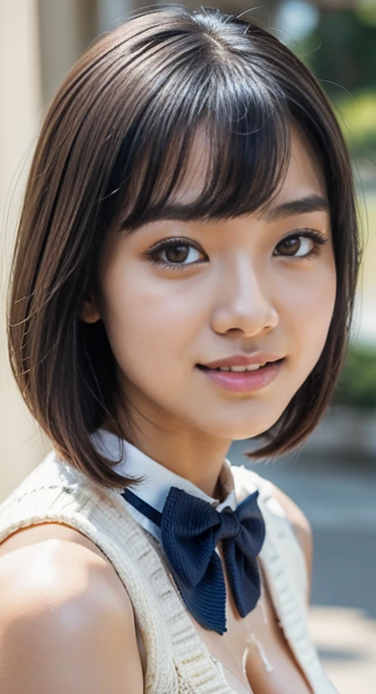 (masterpiece:1.2, highest quality), (realistic, photorealistic:1.4), beautiful illustrations, (natural side lighting, movie lighting), Depth of written boundary, looking at the viewer, Front view, 1 girl, Asian, , ((bob hair)), perfect face, Cute symmetrical face, pale white skin, shiny skin, asymmetrical bangs, Big eyes, droopy eyes, long eyelashes, thin, beautiful hair, beautiful face, fine and beautiful eyes, beautiful clavicle, beautiful body, beautiful breasts, beautiful thighs, beautiful feet, beautiful fingers, ((fine fabric texture, Brown knitted vest, short sleeve white collar shirt, navy pleated skirt, Navy bow tie )), (vaginal sex:1.5), (beautiful scenery), evening, droopy eye, (cum in pussy:1.5), sex, erotic, cum in pussy, hetero, mole, mole under eye, (smile, Upper grade, open your mouth)