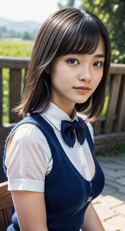 (masterpiece:1.2, highest quality), (realistic, photorealistic:1.4), beautiful illustrations, (natural side lighting, movie lighting), Depth of written boundary, looking at the viewer, Front view, 1 girl, Asian, 15 years old, ((bob hair)), perfect face, Cute symmetrical face, pale white skin, shiny skin, asymmetrical bangs, Big eyes, droopy eyes, long eyelashes, thin, beautiful hair, beautiful face, fine and beautiful eyes, beautiful clavicle, beautiful body, beautiful breasts, beautiful thighs, beautiful feet, beautiful fingers, ((fine fabric texture, Brown knitted vest, short sleeve white collar shirt, navy pleated skirt, Navy bow tie )), (vaginal sex:1.5), (beautiful scenery), evening, droopy eye, (cum in pussy:1.5), sex, erotic, cum in pussy, hetero, mole, mole under eye, (smile, Upper grade, open your mouth)