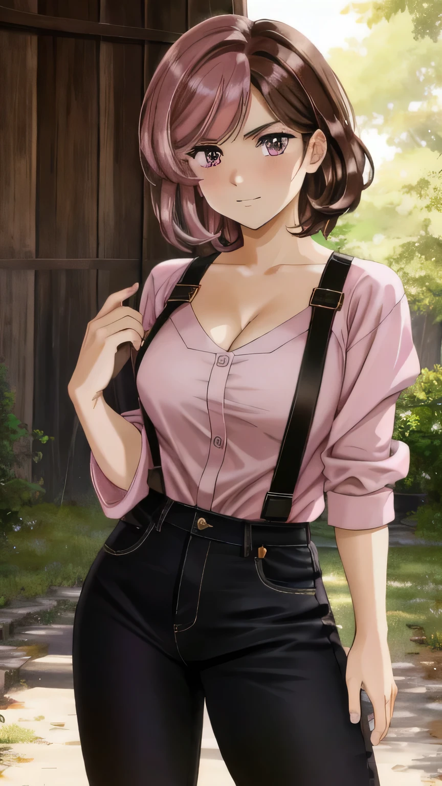 ((best quality)), ((highly detailed)), masterpiece, detailed face, beautiful face, (detailed eyes, deep eyes), (1girl), smug look, NeoRWBY, heterochromia, brown eyes, pink eyes, multicolored hair, brown hair, pink hair, short hair, smug, smirk, large breasts, cleavage, cowboy shot, pink camisole, curvy hips