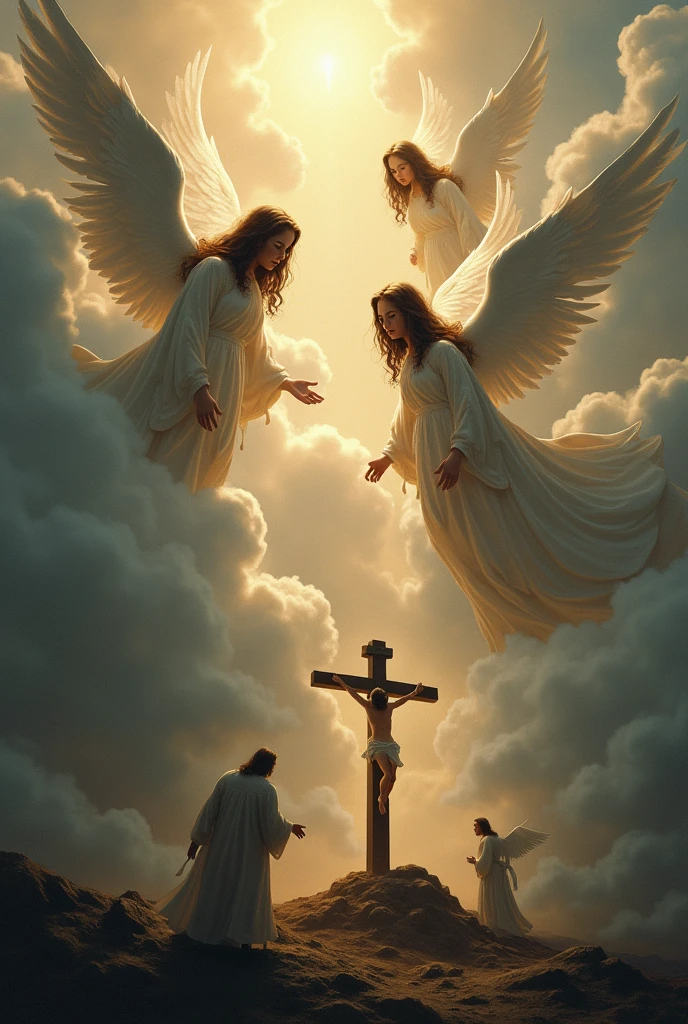A group of sorrowful angels in the sky, surrounded by soft, billowing clouds. They are crying and deeply lamenting as they look down toward Earth. Below them, a vivid scene of the crucifixion of Jesus is visible, with Jesus on the cross, surrounded by a somber atmosphere. The angels, with their wings slightly drooped, express profound sadness, their tears falling as they witness the event. The sky is filled with a mix of light and shadow, capturing the gravity of the moment.