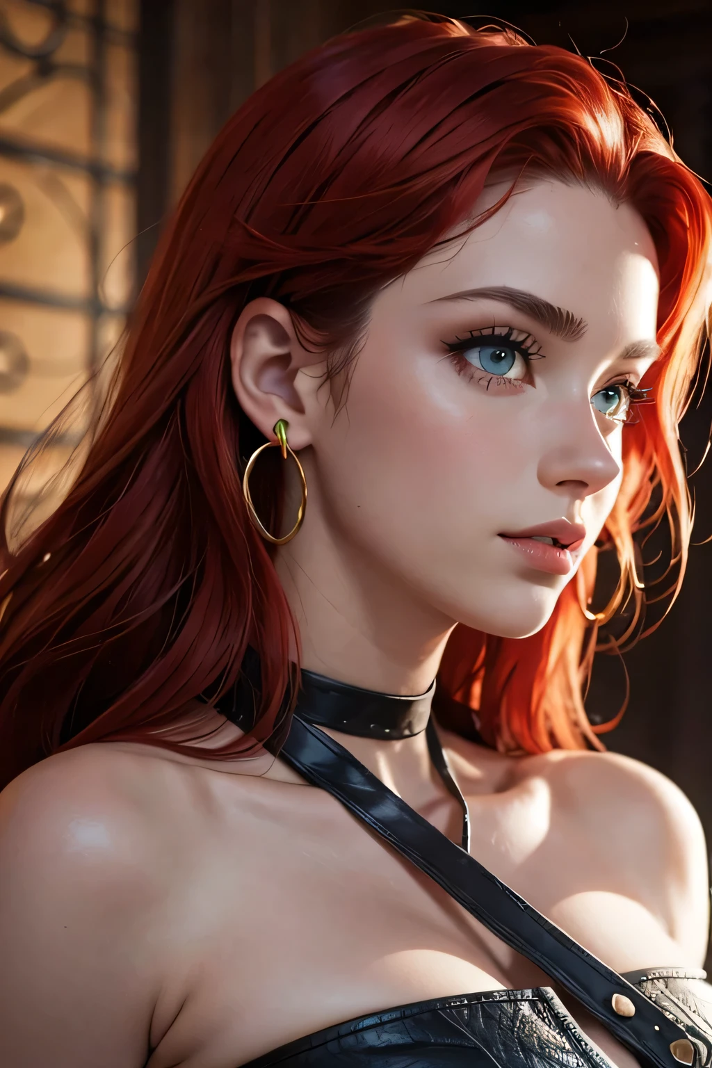 The face of a young woman, green eyes, red curls, nose piercing, ear rings, full lips, index finger in front of the lips, sexy Blick, detailed face, realistic