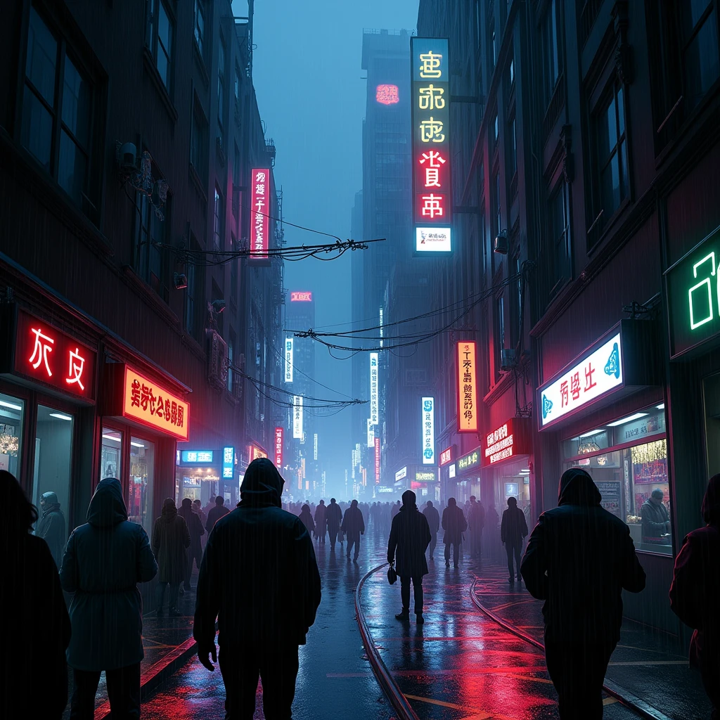 The neon streets are bustling and mysterious。The streets are very narrow and crowded with tall buildings。The weather is rainy and realistic
