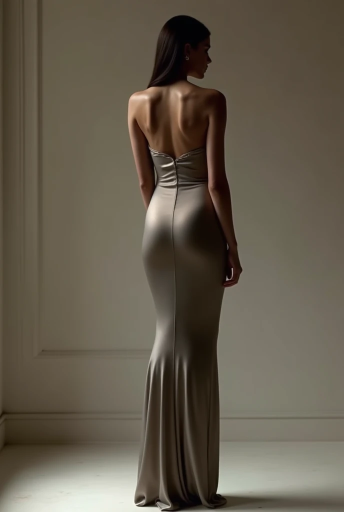 The woman turned her back, wearing a tight-fitting dress.