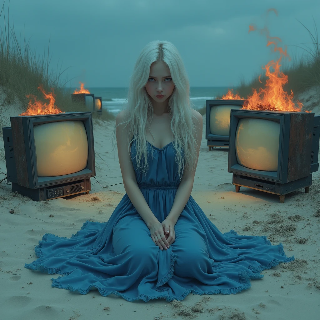 A girl with long white hair wearing a blue dress as if it were half torn,She will be sitting on the sand of a beach ,On the sand there will be several old TVs on fire,I want the image to give off a sad vibe