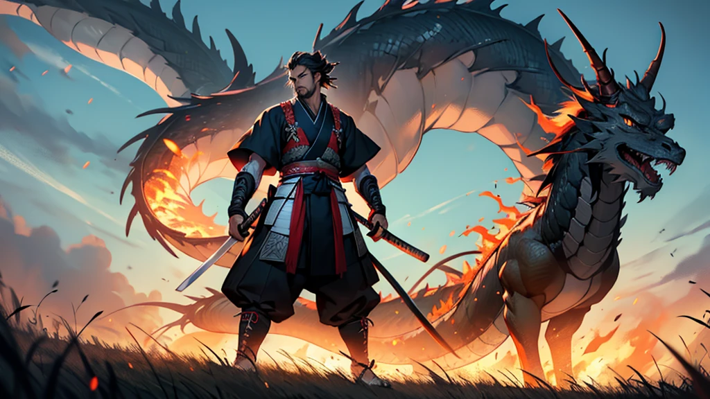 The samurai holds his katana and looks into the distance at a huge field with a flaming dragon