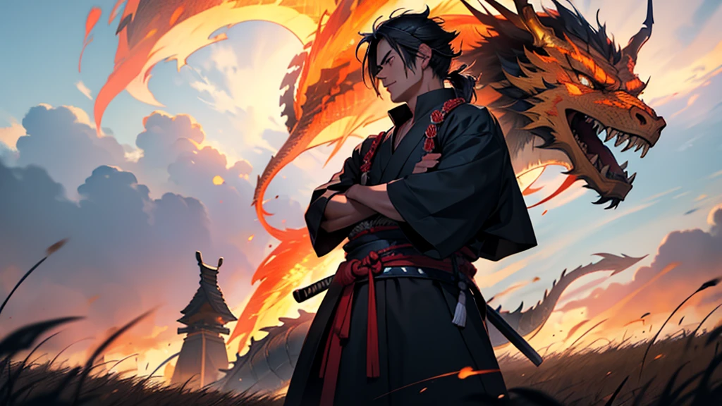 The samurai holds his katana and looks into the distance at a huge field with a flaming dragon