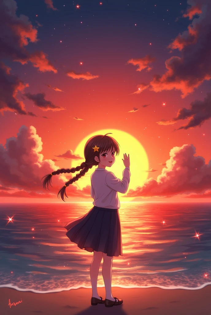 1girl, solo,smile, beach,(sunset:1.1), akagi_rin(denchi-project), solo, star hair ornament, twin braids,sparkle, from behind, looking back, huge sunset,red floating, uniform, night, waving, sea