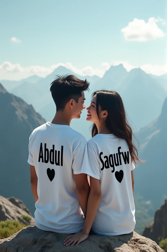 "A young couple, enjoying a peaceful moment on a mountain peak, both wearing white T-shirts. The boy's T-shirt has the name 'Abdul' written in deep black letters, positioned above a heart ❤️. Similarly, the girl's T-shirt features the name 'Sagufw' in dark black letters, also above a heart ❤️."
