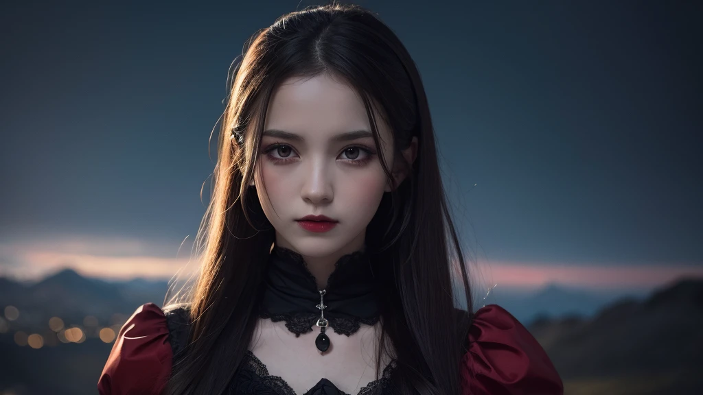 Delicate and dainty young Dracula woman . She is wearing bright black. The background is a fantastic and ethereal night sky that seems to be haunted by a specter. Her expression is stern and atmospheric. red eye, Fangs sticking out of her open mouth.