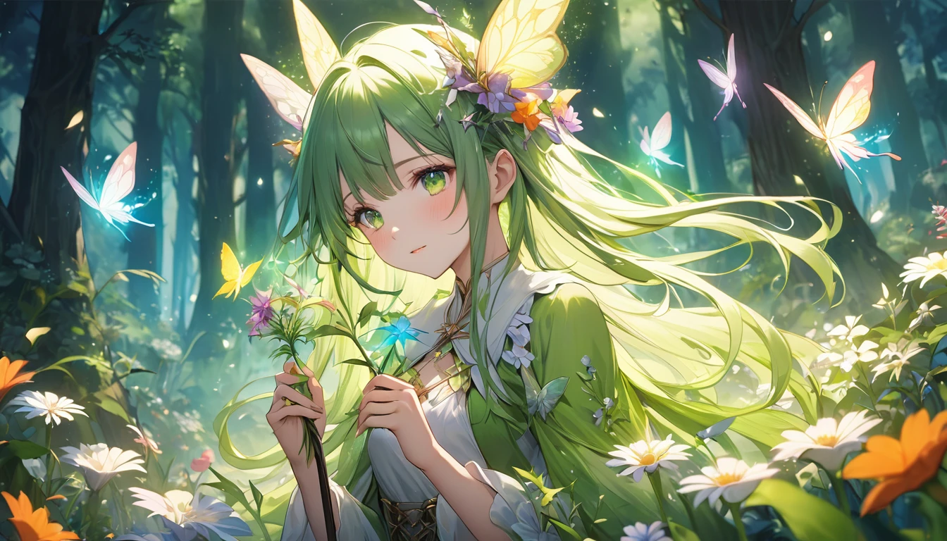 **261. One person。Fairies from Another World。Mysterious Forestで花を育てる。Cowboy shot or close-up。
masterpiece, best quality, ultra detailed (Detailed fingers), (Emotional), (Breathtakingly beautiful),
(main part: 1.2 Whole body。), (Anime Style), (Very detailed), (Fairy Magic),
(超High resolution, High resolution), (8k), (High resolution: 1.2), (Complex and beautiful: 1.2)**
- background: Mysterious Forest、Flowers bloom profusely、Glowing Butterfly々Scenery flying around。
- Fairy: Young woman, around 18 years old、With tiny wings、Holding a magic wand for nurturing flowers。
-pose: Holding a flower、Moment of nurturing with magic。
-expression: Gentle and lovely expression、A posture that evokes a deep connection with nature。
- Effects: Light and magic powder overflowing from the flowers create a fantastical atmosphere。
-color: Bright green and colorful flowers、Color tones symbolizing the vitality of the forest。