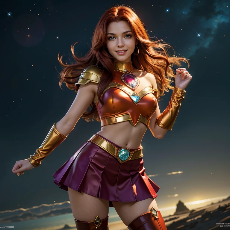 (masterpiece, best quality:1.5), highest quality, High resolution, super detailed, Realists, Full body photo of 18-year-old Starfire from Teen Titans, detailed and beautiful green eyes, beautiful detailed lips, very detailed eyes and face, longeyelashes, additional eyebrows in the forehead area, Beautiful and colorful makeup, Fighting Pose, dark red hair, orange skin, bright daylight, bright colors, fine brushstrokes, Portrait style, beautiful color palette, glowing skin, First-class rendering, that captures every detail, enchanting atmosphere, (perfect anatomy:1.2), (The two stunning dark red-haired Starfire wear a shiny top with shoulder plate, Skirt and overknee boots.Animated series Teen Titans 2003, Starfire flies through the air, Energy radiates from their hands. She smiles with joy Panoramic view:1.2)