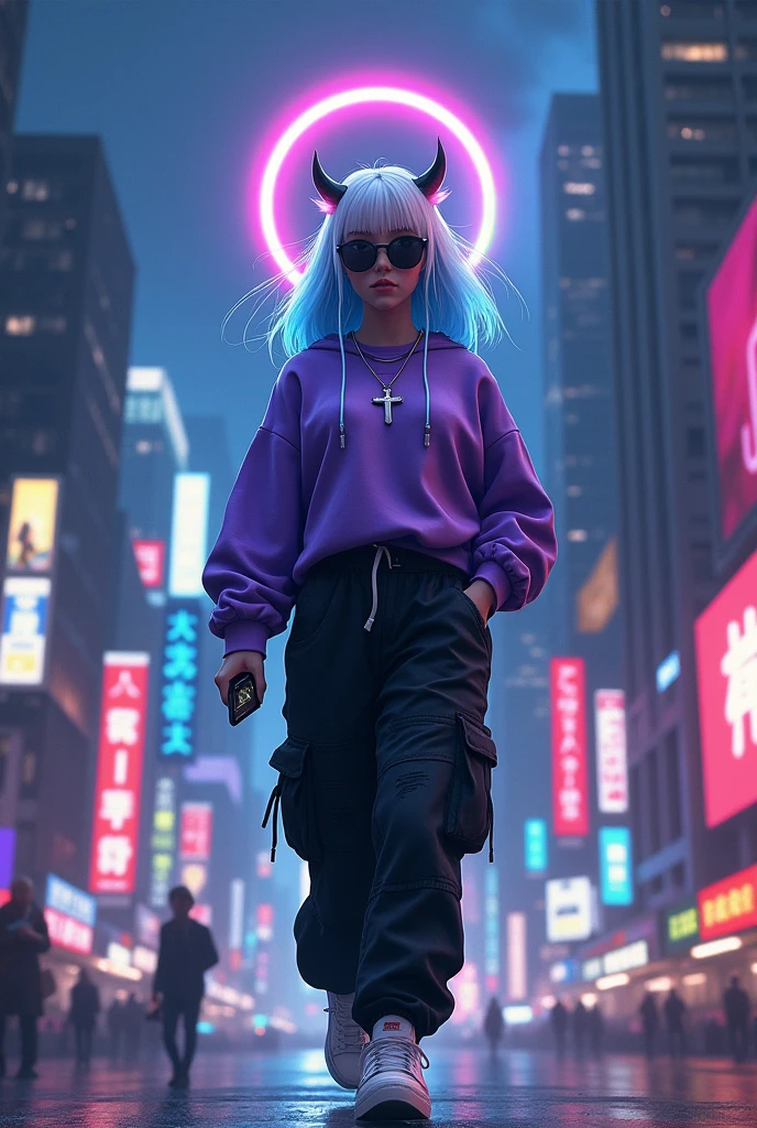 demon girl, rainbow colored halo,white and blue hair ,silver cross necklace,Sunglasses, purple sweatshirt, black cargo pants,WHITE TENNIS, earphones, holding her cell phone, walking through a big city at night