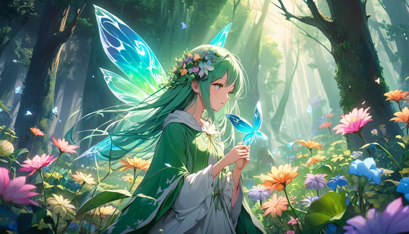 **261. One person。Fairies from Another World。Mysterious Forestで花を育てる。Cowboy shot or close-up。
masterpiece, best quality, ultra detailed (Detailed fingers), (Emotional), (Breathtakingly beautiful),
(main part: 1.2 Whole body。), (Anime Style), (Very detailed), (Fairy Magic),
(超High resolution, High resolution), (8k), (High resolution: 1.2), (Complex and beautiful: 1.2)**
- background: Mysterious Forest、Flowers bloom profusely、Glowing Butterfly々Scenery flying around。
- Fairy: Young woman, around 18 years old、With tiny wings、Holding a magic wand for nurturing flowers。
-pose: Holding a flower、Moment of nurturing with magic。
-expression: Gentle and lovely expression、A posture that evokes a deep connection with nature。
- Effects: Light and magic powder overflowing from the flowers create a fantastical atmosphere。
-color: Bright green and colorful flowers、Color tones symbolizing the vitality of the forest。
