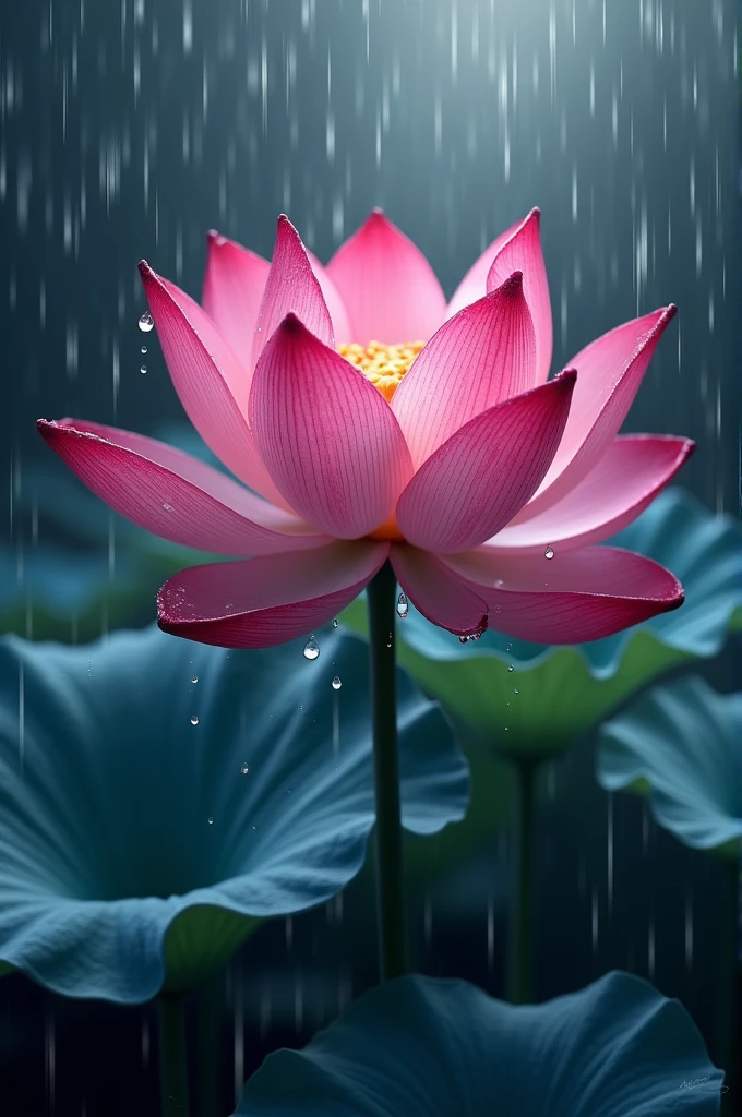 A 2D lotus flower with rain around it