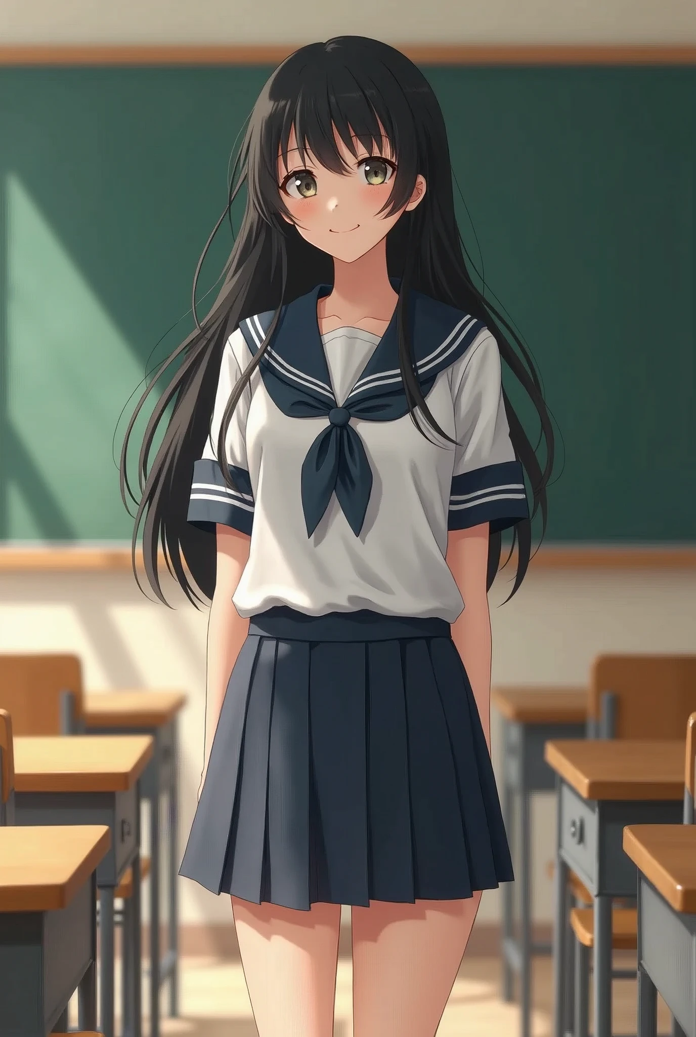 Standing alone in an empty school classroom、Real High School Girl、Summer uniform、Long black hair、mini skirt、Cute Face、Smiling、Full body portrait