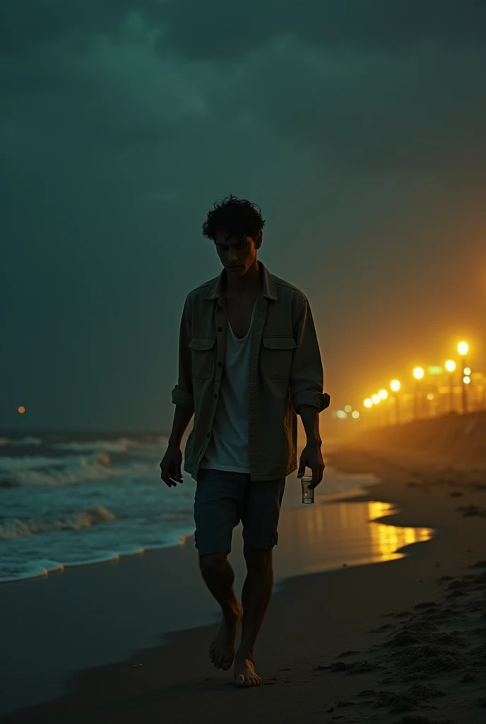 28 years old male drink and crying hard in road side night time yellow neon light walking in sand near beach