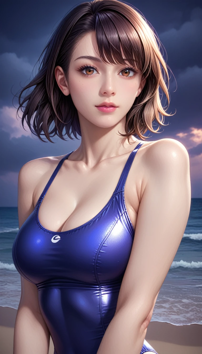 score_9, score_8_superior, score_7_superior, High resolution 3D anime style,A masterpiece in 32K resolution,Highest quality,it is really amazing,Very detailed,Ultra-high resolution,Ultra-realistic,Realistic,Increased depth of field,Cinematic lighting,
(Sexy mature Japan woman:1.1),
black straight medium hair,Ultra-detailed and beautiful face,Calm and gentle look,Beautiful brown eyes,Translucent white skin,Realistic skin texture,Great proportions,
Elegant high leg swimsuit,
Simple design,Chic color scheme,Detailed fabric texture,
(Dark overcast sky on a dull night:1.1),(Dark clouds filling the sky:1),(Thundercloud:1),Coastline at night,Stormy seas,(delay々A desolate sandy beach that continues:1),
Cinematic Angle,