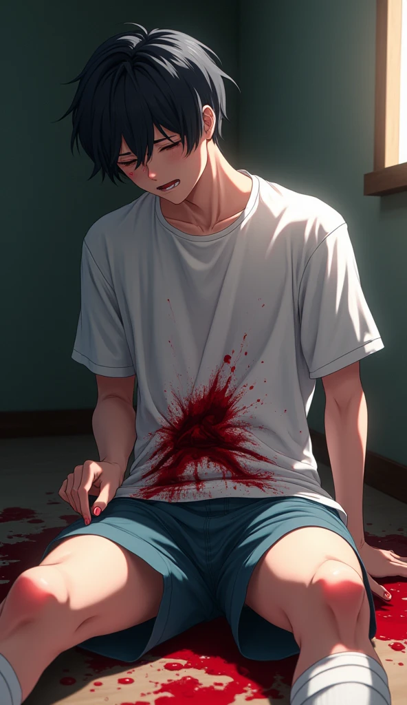 a handsome 19 year old anime boy, wearing bloody white shirt, short pants and soccer socks, a stab wound on his right stomach, painful expression, cold sweat, fainting,screaming from pain, stabbing himself, heavily bleeding wound, holding wound with hand, bloody hand, tip blood on floor, (best quality,4k,8k,highres,masterpiece:1.2),ultra-detailed,(realistic,photorealistic,photo-realistic:1.37),dramatic lighting,cinematic,hyper-realistic,intricate details,vivid colors,award winning photography,chiaroscuro,dramatic shadows