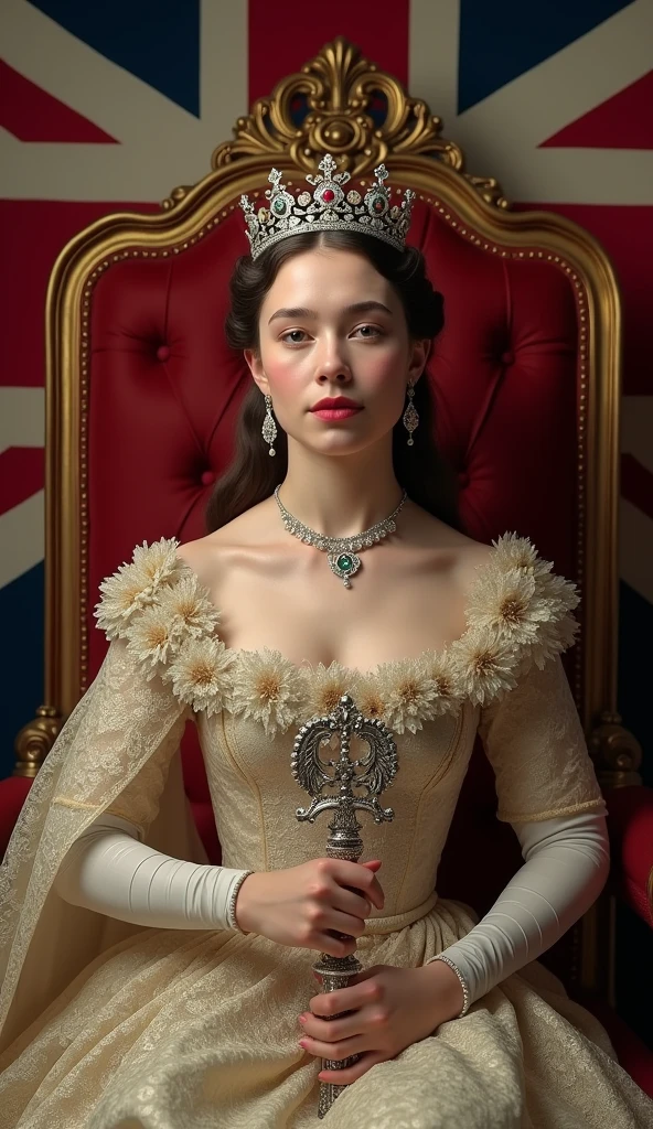 The beautiful Queen Victoria at 18。whole body。Sit on a throne、Wearing the crown、Holding a scepter and a jewel、With a Union Jack background