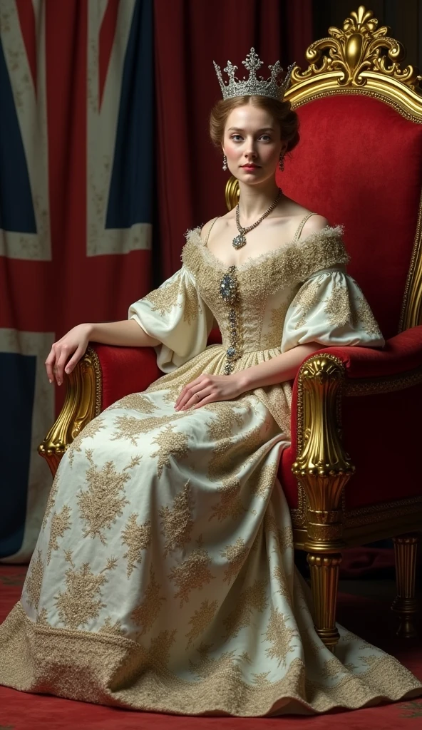 The beautiful Queen Victoria at 18。whole body。Sit on a throne、Wearing the crown、Holding a scepter and a jewel、With a Union Jack background