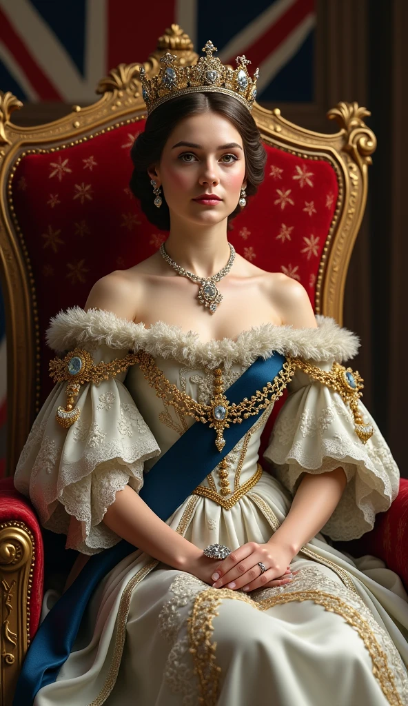 The beautiful Queen Victoria at 18。whole body。Sit on a throne、Wearing the crown、Holding a scepter and a jewel、With a Union Jack background