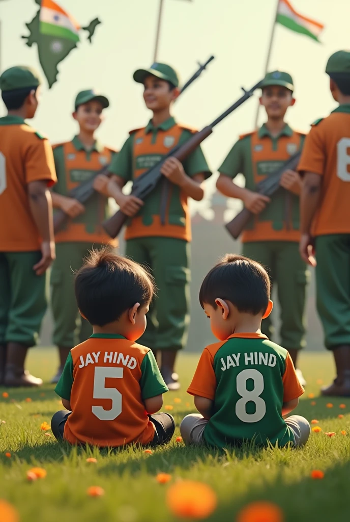 There is an little cute 2-3 year old boy and girl sit on land with indian flag . they wear jersy with name INDIA. There are also indian soldier sit in land and hold indian flag and gun.
indian ashok symbol on soldier Jersey,There are 8 to 10 more people in the background and wear Jersy with name JAY HIND. There are more small Indian flags in the background. The map of India is also visible faintly in the background. All the characters are Indians. Image look like real.