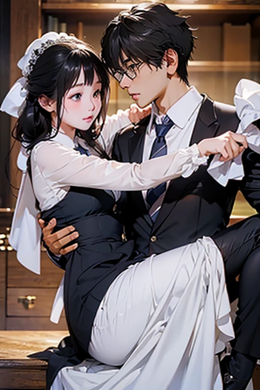 Highest quality、masterpiece、High sensitivity、High resolution、Detailed Description、Slender women、Glasses、The man is carrying the woman.、Lift with both hands、