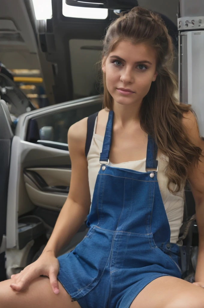 create a young woman sitting in a small consulting office for employees in a manufacturing plant. where she came to consult. She is wearing work clothes of overalls in the car industry. She is a production operator. it can be seen from her look and pose that she wants sex and is ready for sex. naked with her vagina sticking out, she is waiting for someone to insert her