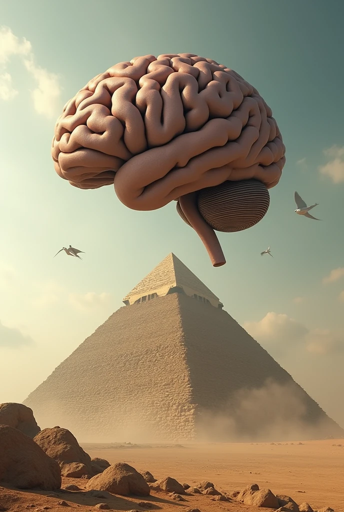 (photorealism:1.2) Big brain, above piramide egipicia, realistic,